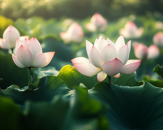 荷花池中粉红边缘的莲花绽放