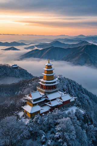 山中央一座宝塔的景观高清图片