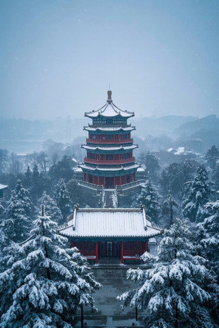 雪树环绕着雪景中的宝塔高清图片