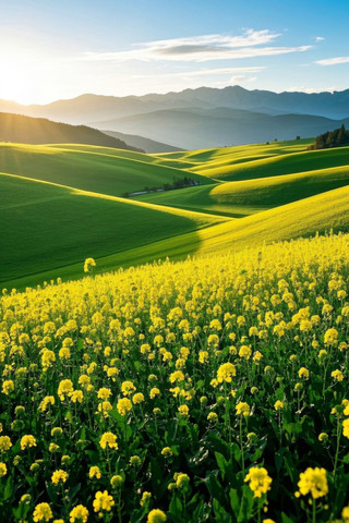 一片黄花田特写山脉高清图片