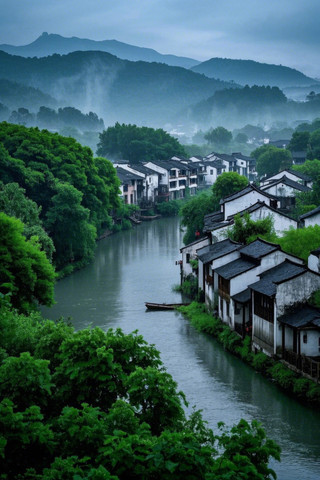 一条河流流经一个小镇旁边有房屋高清图片