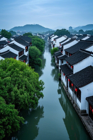 一条运河房屋和树木高清图片