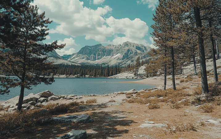 高山之巅湖泊旁的松树与宁静的自然风景