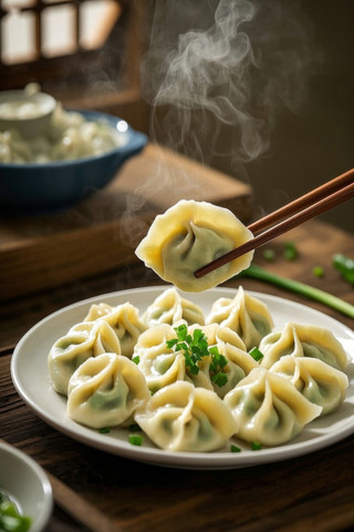一盘饺子上面放着筷子高清图片