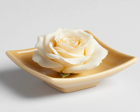 瓷盘上的白玫瑰静谧绽放