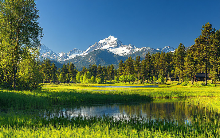 高山脚下翠绿草地中的小屋与倒影 高山脚下翠绿草地中的小屋与倒影