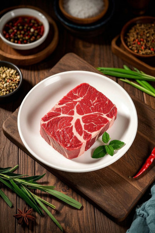 盘子里的一块肉香料特写高清图片
