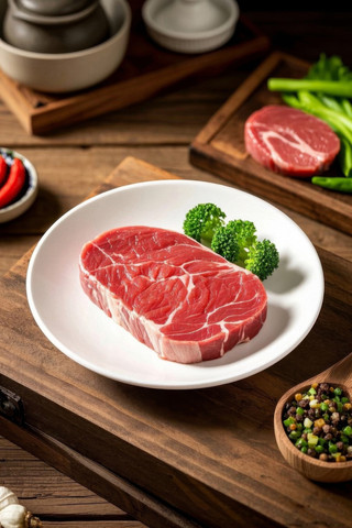 盘子里的一块肉西兰花特写高清图片