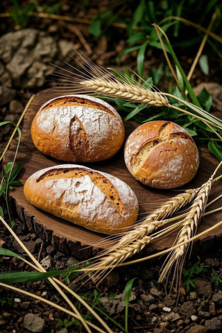 三个面包放在木板上上面有小麦高清图片 三个面包放在木板上上面有小麦高清图片