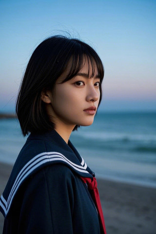 一个女人站在海滩上看水高清图片