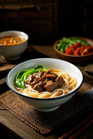 一碗有肉和蔬菜的面条高清图片