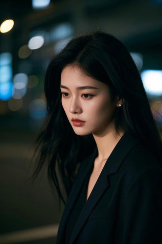 一位身穿黑色夹克的黑长发女人特写高清图片