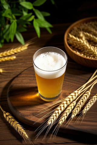 放着一杯啤酒和一些小麦高清图片