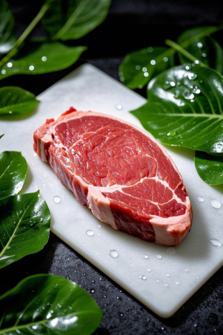 切菜板上的一块肉树叶特写高清图片