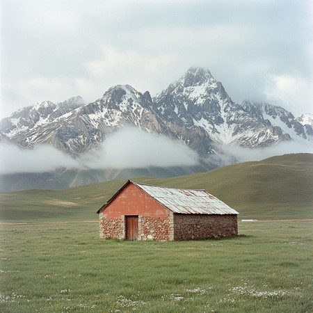 草原上的孤独小屋与巍峨雪山 PNG