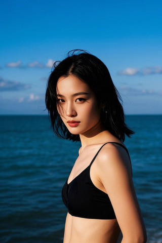 穿着黑色比基尼站在海滩上的亚洲妇女高清图 JPG