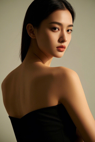 穿着黑色连衣裙的妇女摆出姿势拍照高清图片 JPG