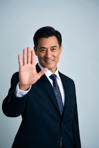 穿着西装打领带的亚洲男子在停车标志上高清
