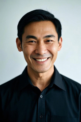 黑色衬衫和白色背景黑色衬衫的微笑亚洲男人