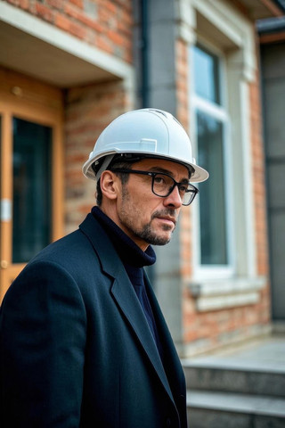 男子戴着安全帽和眼镜站在建筑物外高清图片