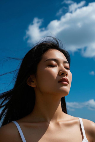女人长长的黑头发站在蓝色的天空高清图片 JPG