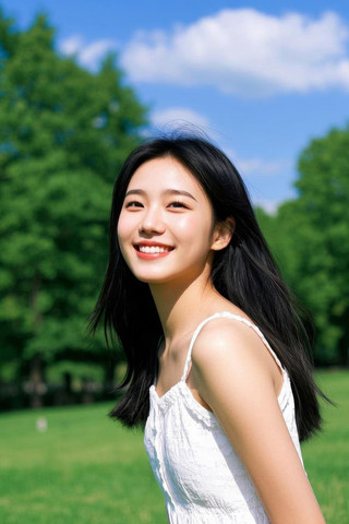 身穿白色连衣裙的亚洲女子在公园里微笑高清