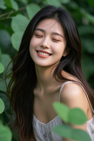 亚洲女人长头发微笑在绿叶前高清图片