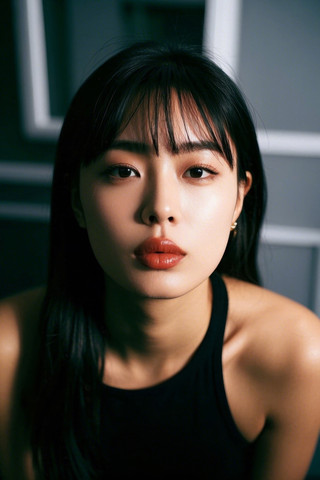 亚洲女人留着黑色长发和黑色上衣高清图片 JPG