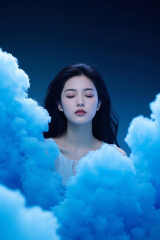 一个闭着眼睛的女人站在蓝烟云中高清图片