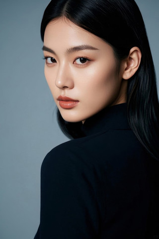 一位有着黑色长发和黑色衬衫的女人高清图片