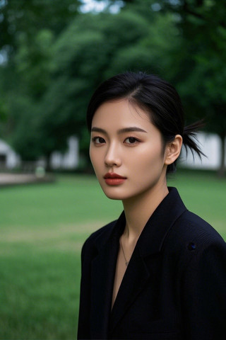 站在公园里的穿着黑色夹克的女人高清图片 JPG
