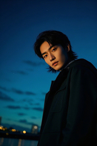 穿着黑色夹克站在水面前的男子高清图片