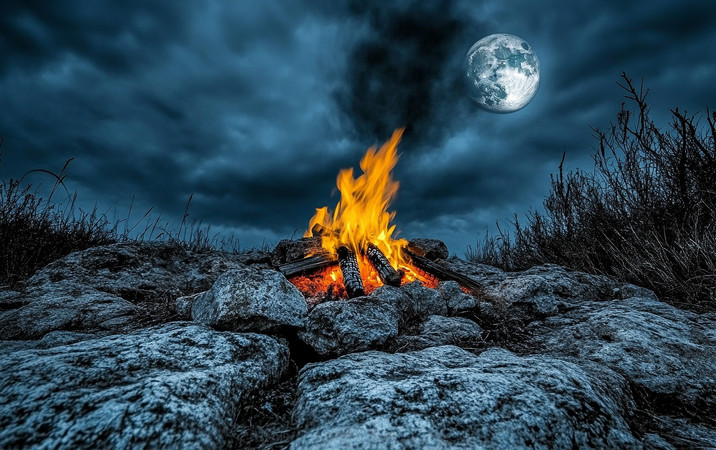 荒野之夜篝火旁的满月 荒野之夜篝火旁的满月
