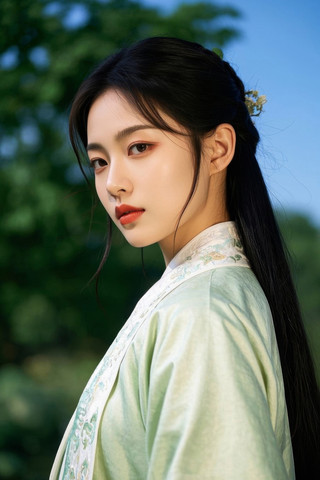 一位长发穿着绿色连衣裙的女人特写高清图片