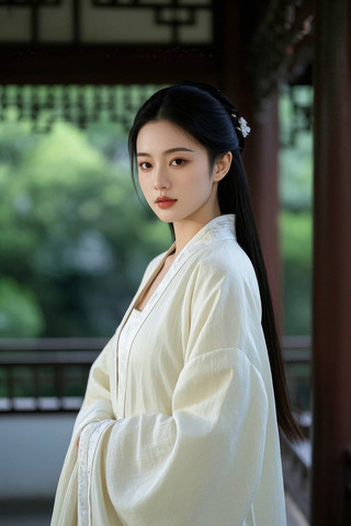 穿着白袍站在凉亭里的女人高清图片