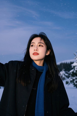 穿着黑色外套和蓝色围巾站在雪地里的女人高