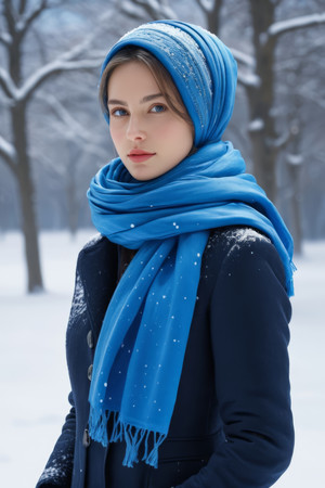 穿着蓝色围巾和黑色夹克的女人在白雪覆盖的
