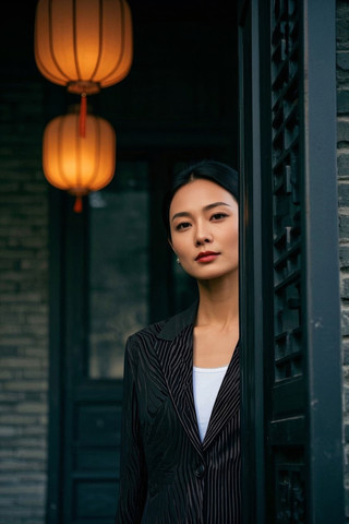 身穿黑色西装身穿白色衬衫站在门前的妇女高