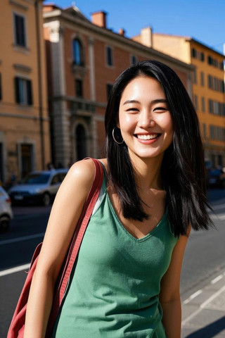 身穿绿色背心带着红色包袋走在街上的微笑女