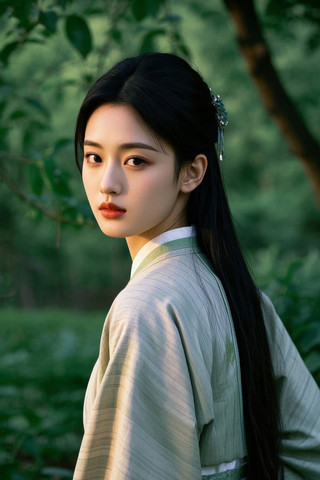 亚洲女人留着黑色的长发和绿色的连衣裙高清