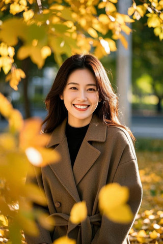一名身穿外套的妇女站在公园里微笑高清图片