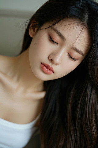 一位长发穿着白色上衣的女人特写高清图片