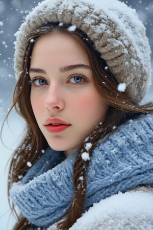 在雪地里戴着帽子和围巾的女人高清图片