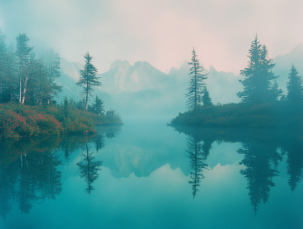 晨雾中的静谧湖光与巍峨山峦 晨雾中的静谧湖光与巍峨山峦