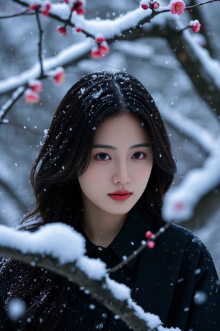 穿着黑色外套站在雪地里带着红色浆果的妇女 JPG
