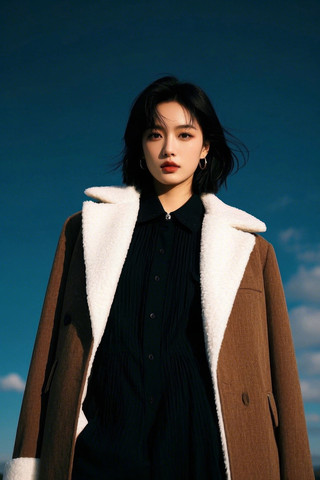 穿着外套和黑色连衣裙的女人的肖像高清图片