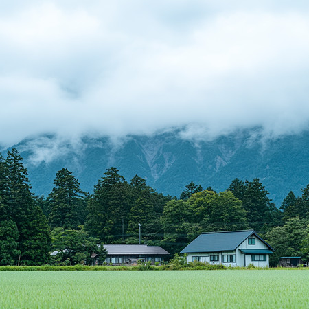 稻田旁的宁静居所与巍峨山脉 PNG
