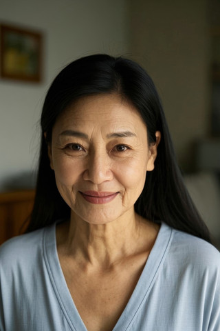 的女人长着黑色的长发和蓝色衬衫高清图片 JPG