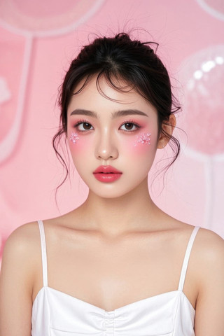粉色妆容和白色连衣裙的女人特写高清图片