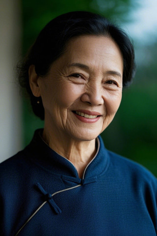黑发蓝夹克的微笑女人站在外面高清图片